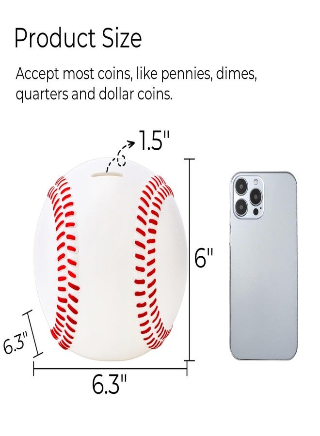 Tlence 6.3" Baseball Piggy Bank, Shatterproof Baseball Shape Coin Bank, White Sports Themed Money Box for Saving Money, Money Storage Container for Boys Girls Adults, Bedroom Decor - Image 2